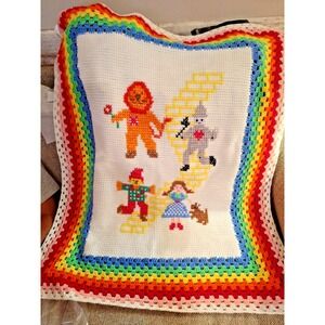 Wizard Of Oz Crochet Rainbow Border Handmade Baby Blanket 45x48  VTG‎
